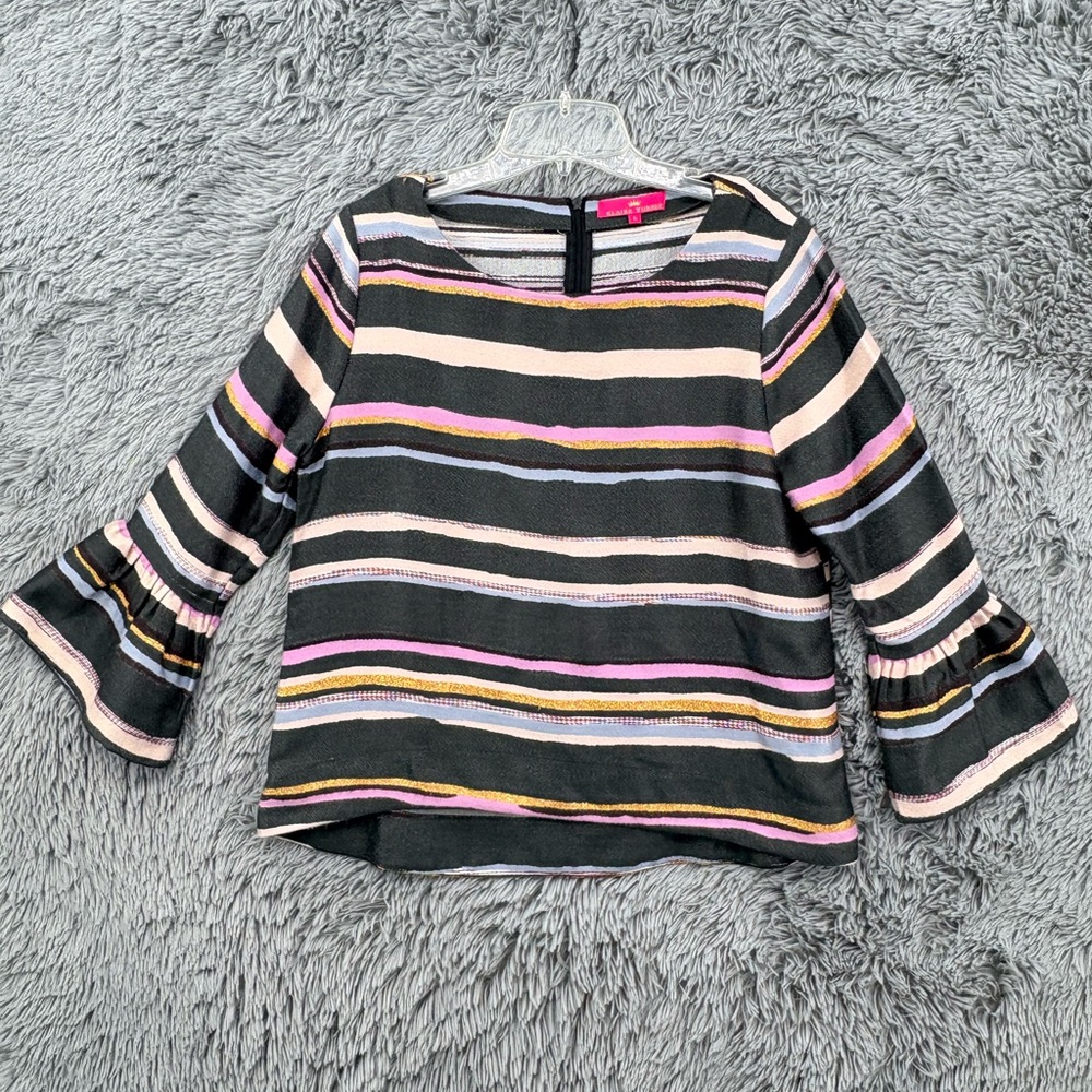Elaine Turner Top Womens Small Striped Metallic Thread Hi Low Bell Sleeves Zip